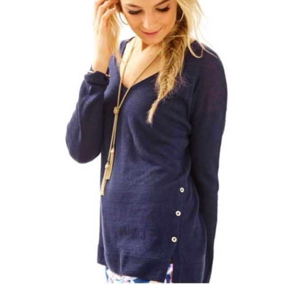 Lilly Pulitzer- 100% Linen V Neck Sweater-Spring-Nautical-Pull over-Women’s M - Picture 1 of 13